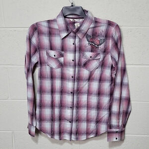 Cumberland Outfitters for Her‎ Large Plaid shirt Fushia buttons western Cowboy